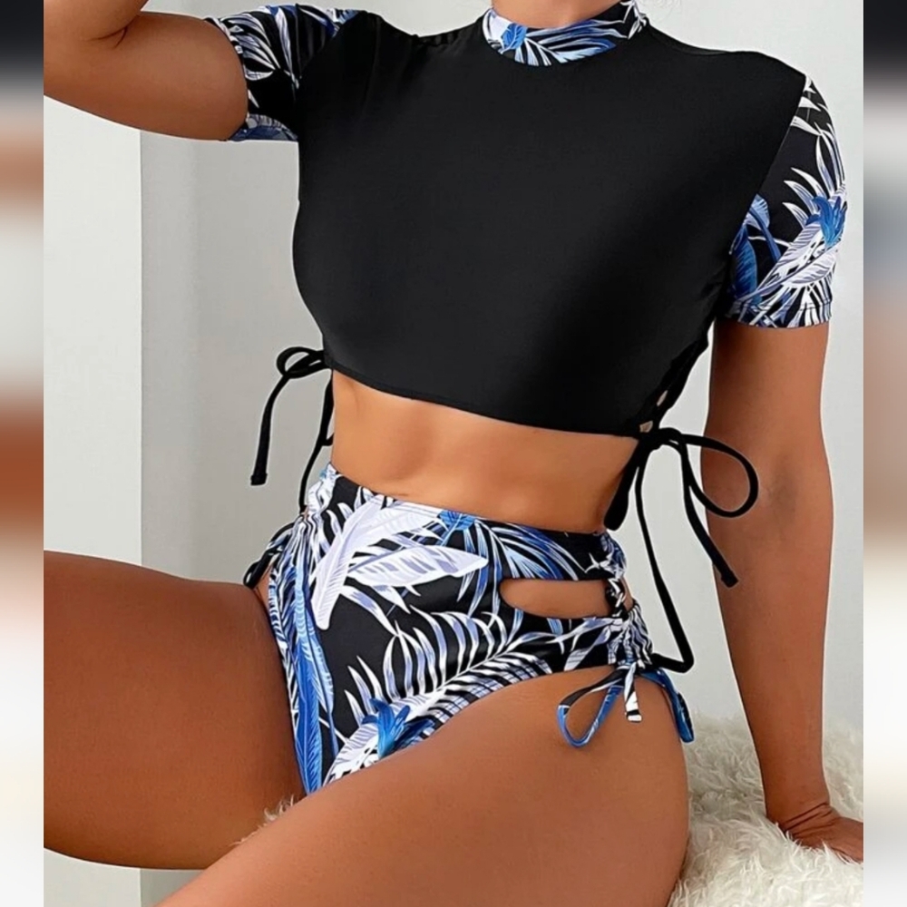 Women's Black and Blue Tropical Print Swim Set
